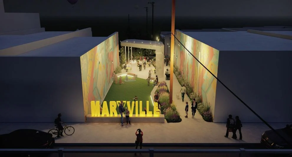 A downtown alleyway project that will reimagine the alley between Bank Midwest and The Pub is one of the major new attractions slated to come to Maryville in 2025. Shown is a rendering of what the alleyway will look like at night.