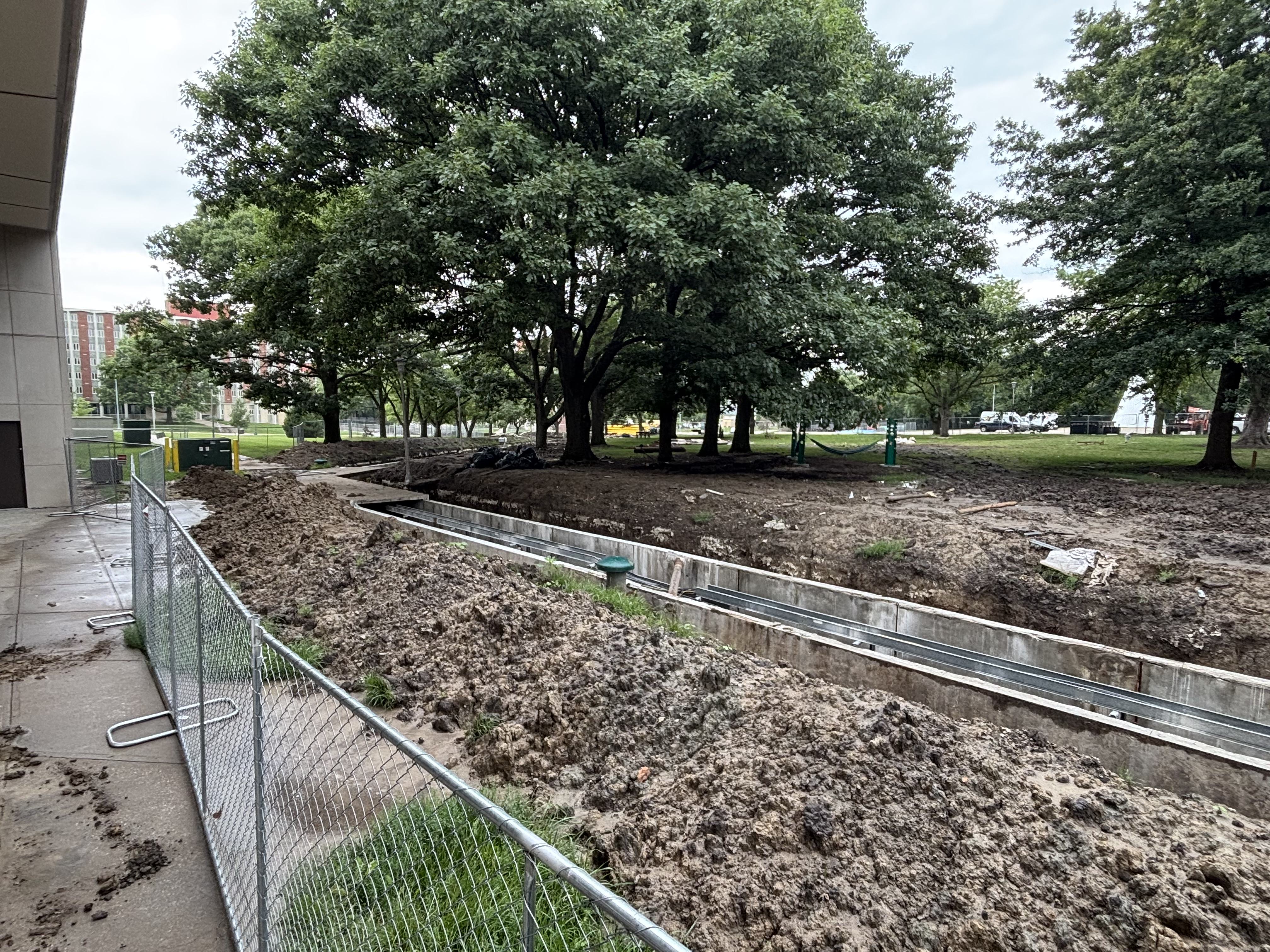 Construction on Northwest Missouri State University's campus by the B.D. Owens Library and Garrett Strong